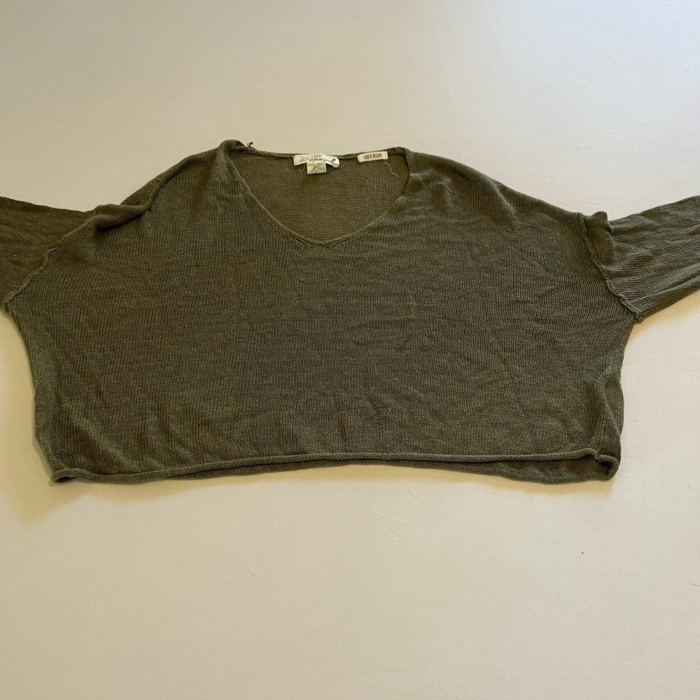 L.O.G.G. by H&M linen blend green cropped casual long sleeve top Sd - Picture 2 of 9
